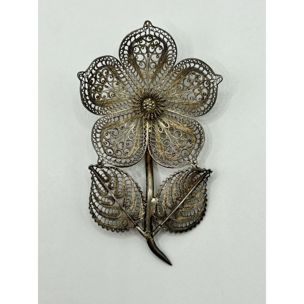 Vintage Mexico Silver Filigree Flower Brooch Pin
